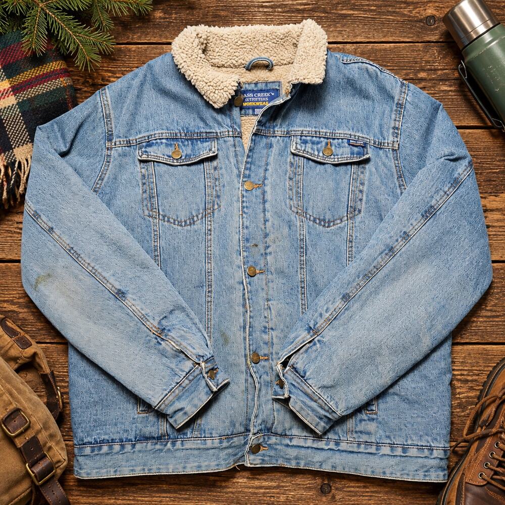 Bass Creek Outfitters Sherpa Lined Denim Trucker Jacket Mens XXL Workwear Blue